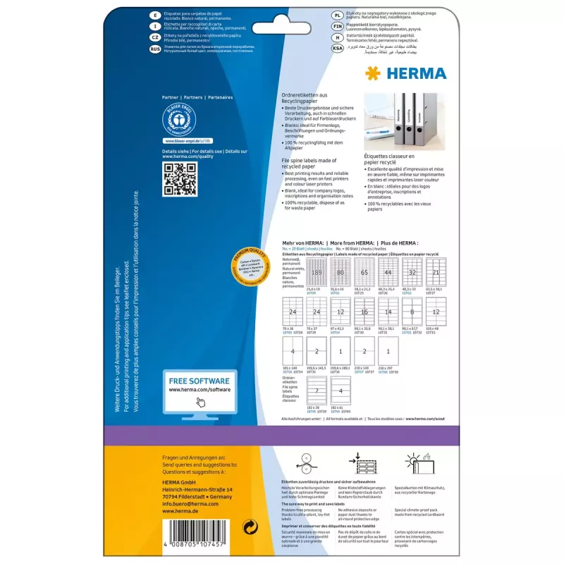 Selbstklebendes Druckeretikett HERMA 10745 Weiß 19,2x3,8 cm 140 Etiketten
