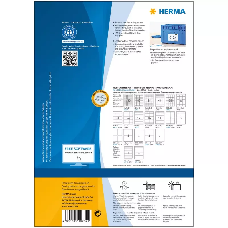 Selbstklebende Druckeretiketten HERMA 10734 Weiß 10,5x14,8 cm 320 Etiketten