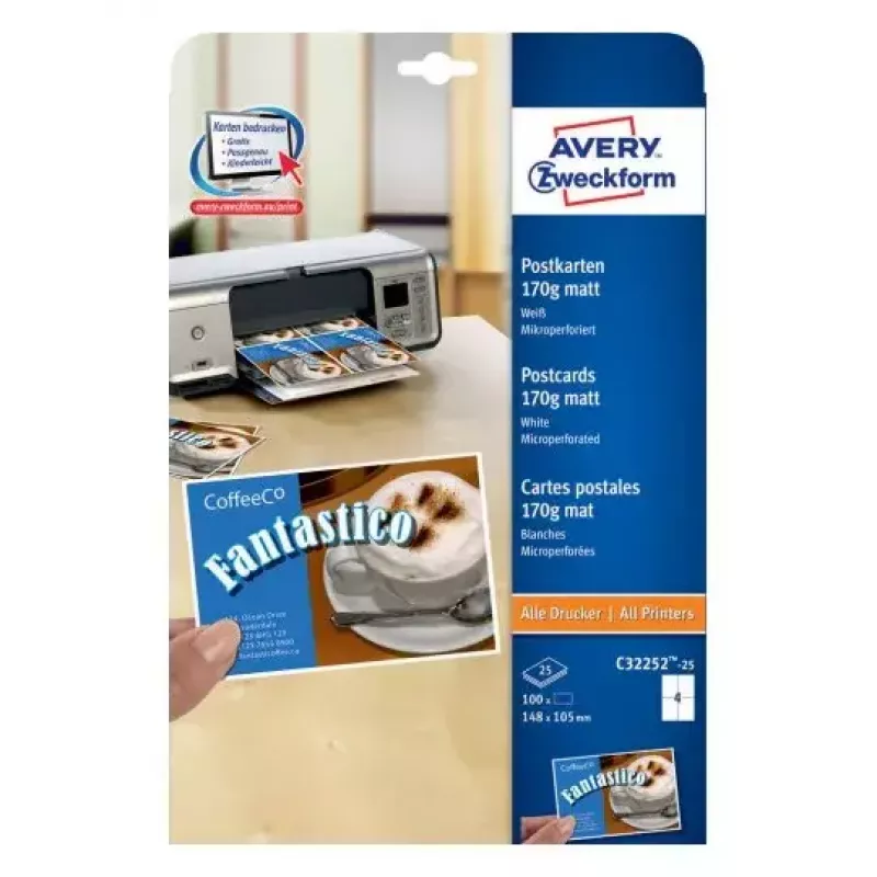 Avery Zweckform C32252-25 beidseitig bedruckbare perforierte Postkarten, 148 x 105 mm, 170 g/m², mattweiß, 100 Karten
