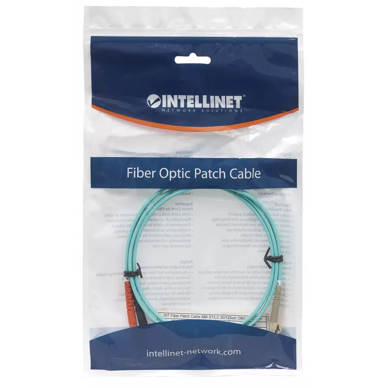 Intellinet Glasfaser-Patchkabel, OM3, ST/LC, 1 m, Aqua, Duplex, Multimode, 50/125 µm, LSZH, Glasfaser, Lebenslange Garantie