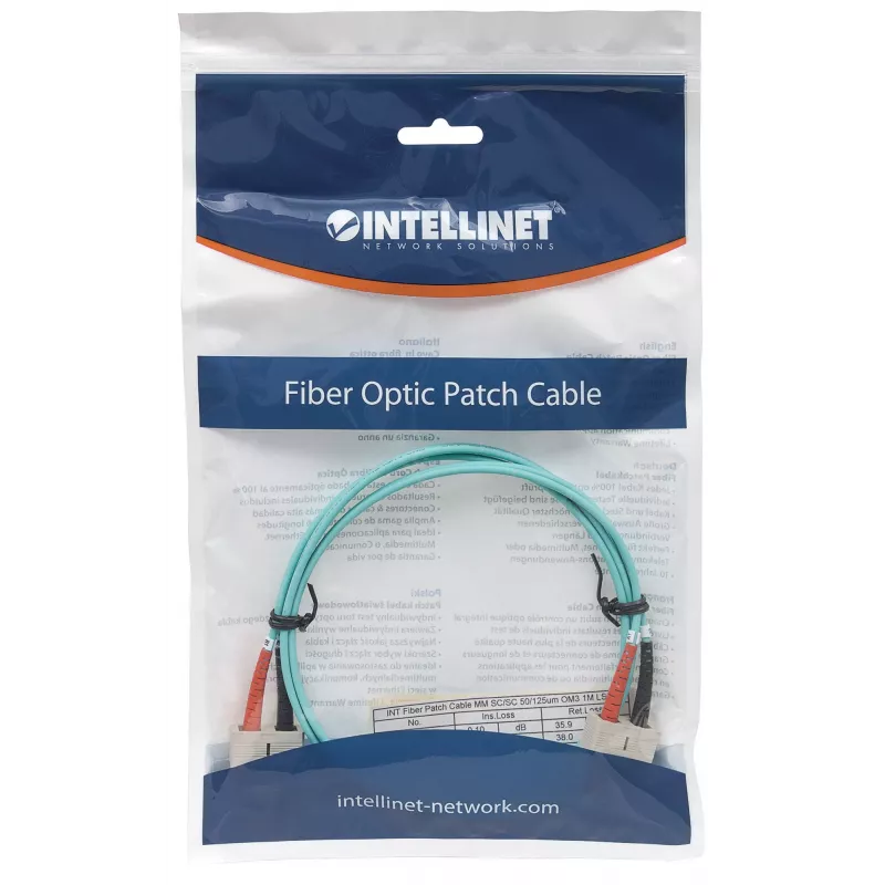 Intellinet Glasfaser-Patchkabel, OM3, SC/SC, 2 m, Aqua, Duplex, Multimode, 50/125 µm, LSZH, Glasfaser, Lebenslange Garantie