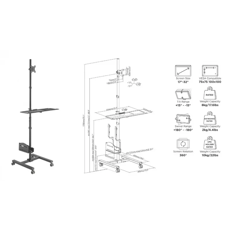 Multimedia-Wagen Equip 17 Zoll-32 Zoll Einzelmonitor Mobile Workstation