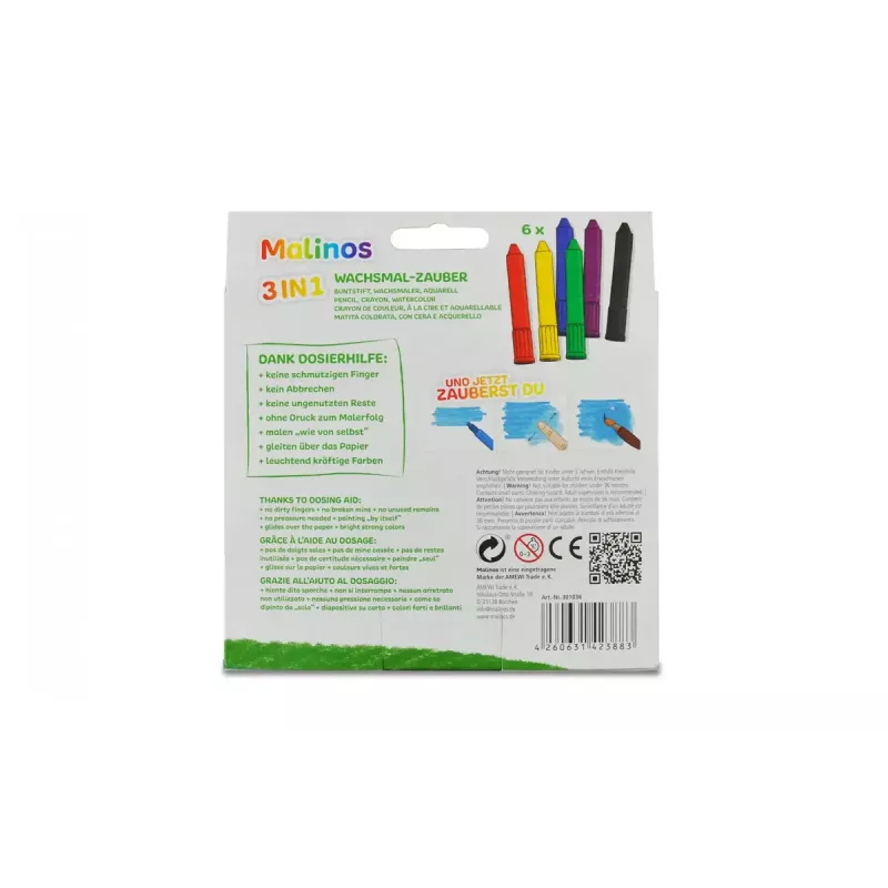 Crayon Malinos 301036 6 Stück Mehrfarbig Schwarz Blau Grün Rot Violett Gelb