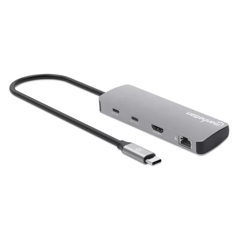 Manhattan USB-C-Dock/Hub mit Kartenleser, Anschlüsse (x7): Ethernet, HDMI, USB-A (x3) und USB-C (x2), mit Power Delivery (PD) 100 W – benötigt externes USB-C-Ladegerät (nicht im Lieferumfang). USB-betrieben (kein externes Netzteil erforderlich), wenn PD nicht verwendet wird.