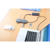 Manhattan USB-C-Dock/Hub mit Kartenleser, Anschlüsse (x7): Ethernet, HDMI, USB-A (x3) und USB-C (x2), mit Power Delivery (PD) 100 W – benötigt externes USB-C-Ladegerät (nicht im Lieferumfang). USB-betrieben (kein externes Netzteil erforderlich), wenn PD nicht verwendet wird.