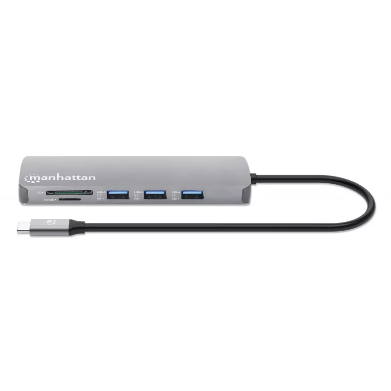 Manhattan USB-C-Dock/Hub mit Kartenleser, Anschlüsse (x7): Ethernet, HDMI, USB-A (x3) und USB-C (x2), mit Power Delivery (PD) 100 W – benötigt externes USB-C-Ladegerät (nicht im Lieferumfang). USB-betrieben (kein externes Netzteil erforderlich), wenn PD nicht verwendet wird.