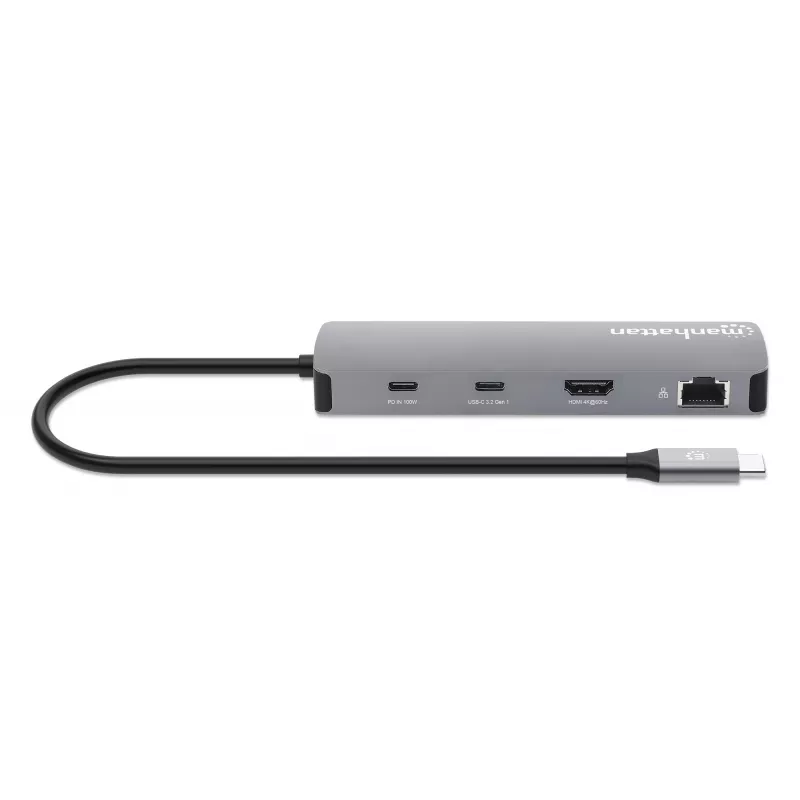Manhattan USB-C-Dock/Hub mit Kartenleser, Anschlüsse (x7): Ethernet, HDMI, USB-A (x3) und USB-C (x2), mit Power Delivery (PD) 100 W – benötigt externes USB-C-Ladegerät (nicht im Lieferumfang). USB-betrieben (kein externes Netzteil erforderlich), wenn PD nicht verwendet wird.