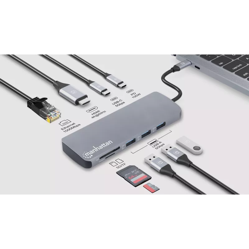 Manhattan USB-C-Dock/Hub mit Kartenleser, Anschlüsse (x7): Ethernet, HDMI, USB-A (x3) und USB-C (x2), mit Power Delivery (PD) 100 W – benötigt externes USB-C-Ladegerät (nicht im Lieferumfang). USB-betrieben (kein externes Netzteil erforderlich), wenn PD nicht verwendet wird.