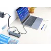 Manhattan USB-C-Dock/Hub mit Kartenleser, Anschlüsse (x7): Ethernet, HDMI, USB-A (x3) und USB-C (x2), mit Power Delivery (PD) 100 W – benötigt externes USB-C-Ladegerät (nicht im Lieferumfang). USB-betrieben (kein externes Netzteil erforderlich), wenn PD nicht verwendet wird.
