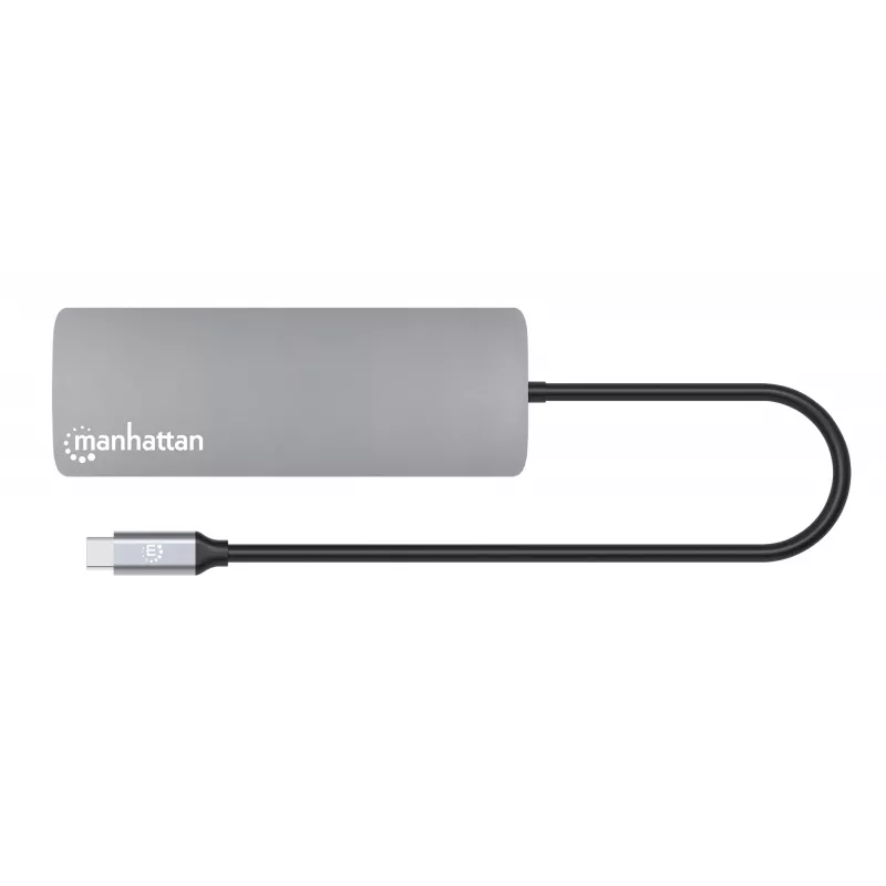 Manhattan USB-C-Dock/Hub mit Kartenleser, Anschlüsse (x7): Ethernet, HDMI, USB-A (x3) und USB-C (x2), mit Power Delivery (PD) 100 W – benötigt externes USB-C-Ladegerät (nicht im Lieferumfang). USB-betrieben (kein externes Netzteil erforderlich), wenn PD nicht verwendet wird.