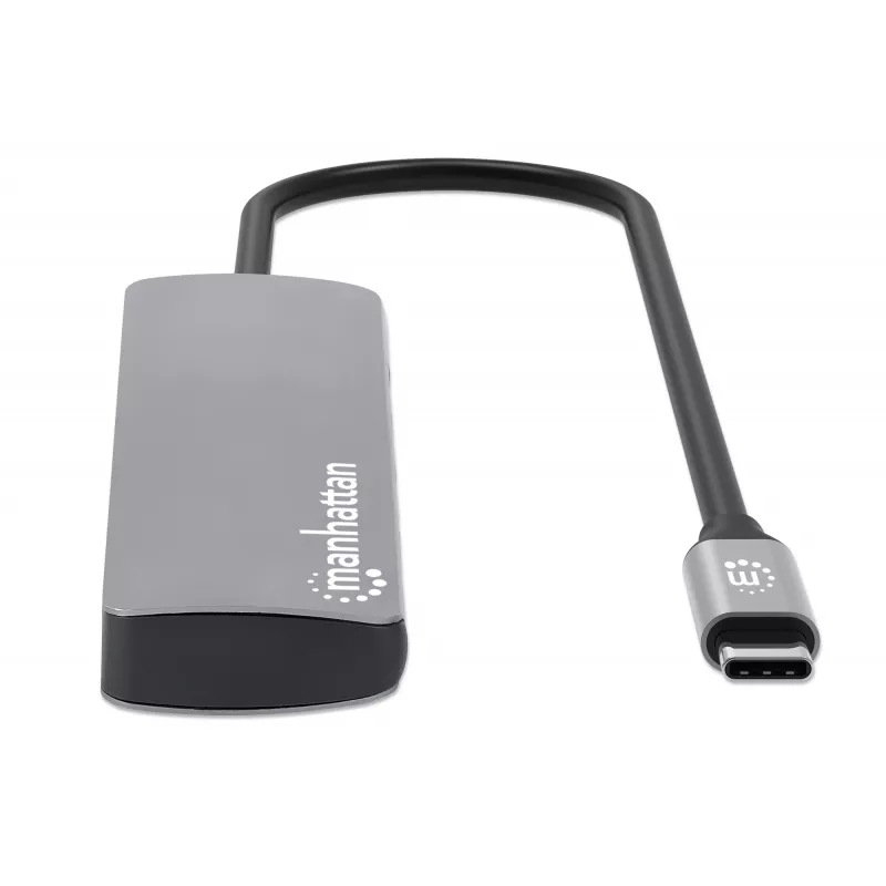 Manhattan USB-C-Dock/Hub mit Kartenleser, Anschlüsse (x7): Ethernet, HDMI, USB-A (x3) und USB-C (x2), mit Power Delivery (PD) 100 W – benötigt externes USB-C-Ladegerät (nicht im Lieferumfang). USB-betrieben (kein externes Netzteil erforderlich), wenn PD nicht verwendet wird.
