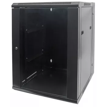 Intellinet 19-Zoll-Netzwerkschrank – Wandmontage (zweiteiliger aufklappbarer Ausschwenkrahmen), 15HE, 550 mm tief, Schwarz, montiert, max. 30 kg, schwenkt für Zugang zur Rückseite bei Wandmontage aus, 19 Zoll, nutzbare Tiefe 425 mm, Teile für Wandmontage nicht im Lieferumfang