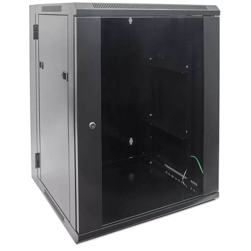Intellinet 19-Zoll-Netzwerkschrank – Wandmontage (zweiteiliger aufklappbarer Ausschwenkrahmen), 15HE, 550 mm tief, Schwarz, montiert, max. 30 kg, schwenkt für Zugang zur Rückseite bei Wandmontage aus, 19 Zoll, nutzbare Tiefe 425 mm, Teile für Wandmontage nicht im Lieferumfang