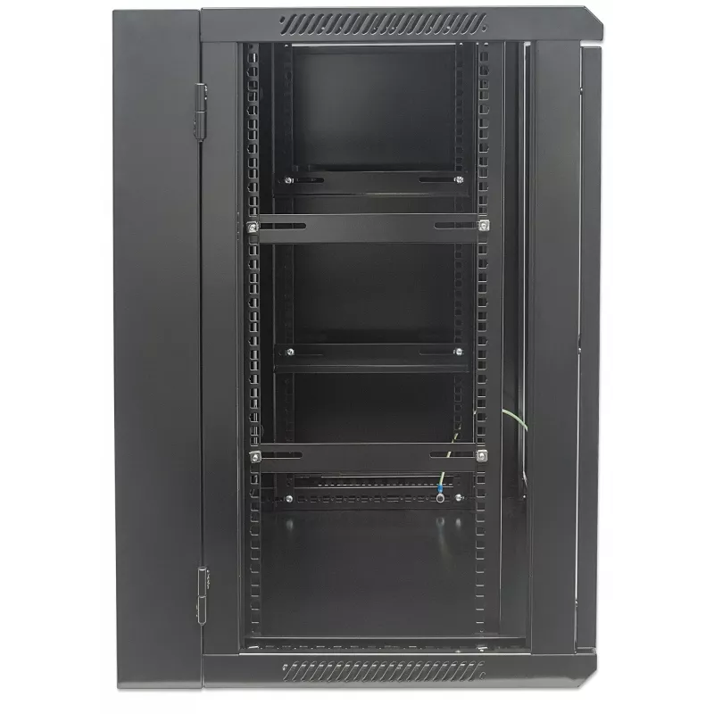 Intellinet 19-Zoll-Netzwerkschrank – Wandmontage (zweiteiliger aufklappbarer Ausschwenkrahmen), 15HE, 550 mm tief, Schwarz, montiert, max. 30 kg, schwenkt für Zugang zur Rückseite bei Wandmontage aus, 19 Zoll, nutzbare Tiefe 425 mm, Teile für Wandmontage nicht im Lieferumfang
