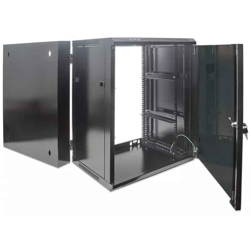 Intellinet 19-Zoll-Netzwerkschrank – Wandmontage (zweiteiliger aufklappbarer Ausschwenkrahmen), 15HE, 550 mm tief, Schwarz, montiert, max. 30 kg, schwenkt für Zugang zur Rückseite bei Wandmontage aus, 19 Zoll, nutzbare Tiefe 425 mm, Teile für Wandmontage nicht im Lieferumfang