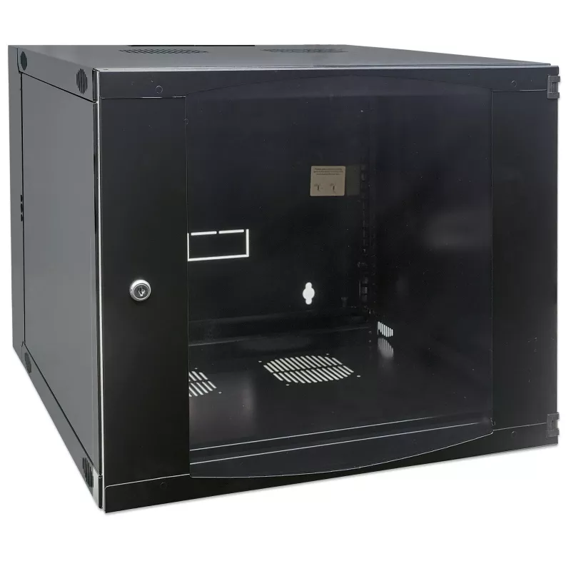 Intellinet 19-Zoll-Netzwerkschrank – Wandmontage (zweiteiliger, aufklappbarer Ausschwenkrahmen), 12HE, 600 mm tief, Schwarz, zerlegt, max. 30 kg, schwenkt für Zugang zur Rückseite des Schranks bei Wandmontage aus, Rack, nutzbare Tiefe 385 mm, Teile für Wandmontage nicht enthalten