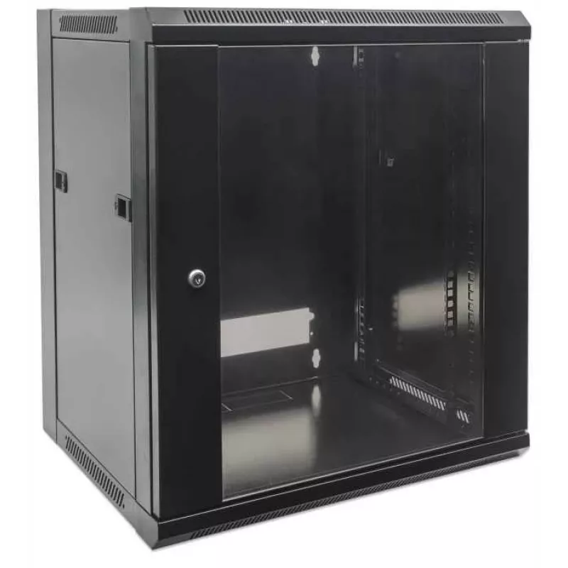 Intellinet 19 Zoll Netzwerkschrank - Wandmontage (Standard), 15HE, 600 mm tief, Schwarz, zerlegt, max. 60 kg, Metall- & Glastür, Rückwand, abnehmbare Seiten, auch für Tisch- oder Bodenaufstellung geeignet, nutzbare Tiefe 410 mm, Wandmontageteile nicht im Lieferumfang