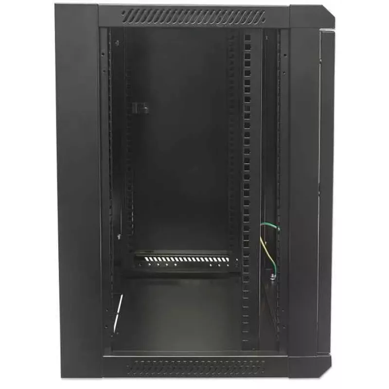Intellinet 19 Zoll Netzwerkschrank - Wandmontage (Standard), 15HE, 600 mm tief, Schwarz, zerlegt, max. 60 kg, Metall- & Glastür, Rückwand, abnehmbare Seiten, auch für Tisch- oder Bodenaufstellung geeignet, nutzbare Tiefe 410 mm, Wandmontageteile nicht im Lieferumfang