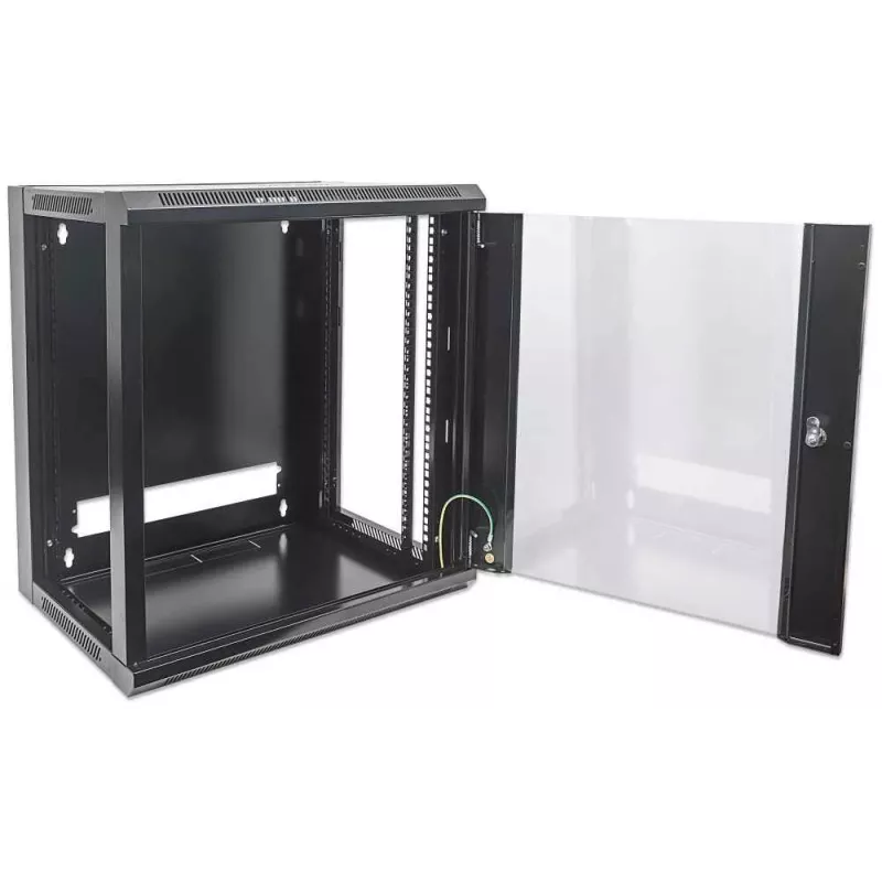 Intellinet 19 Zoll Netzwerkschrank - Wandmontage (Standard), 15HE, 600 mm tief, Schwarz, zerlegt, max. 60 kg, Metall- & Glastür, Rückwand, abnehmbare Seiten, auch für Tisch- oder Bodenaufstellung geeignet, nutzbare Tiefe 410 mm, Wandmontageteile nicht im Lieferumfang