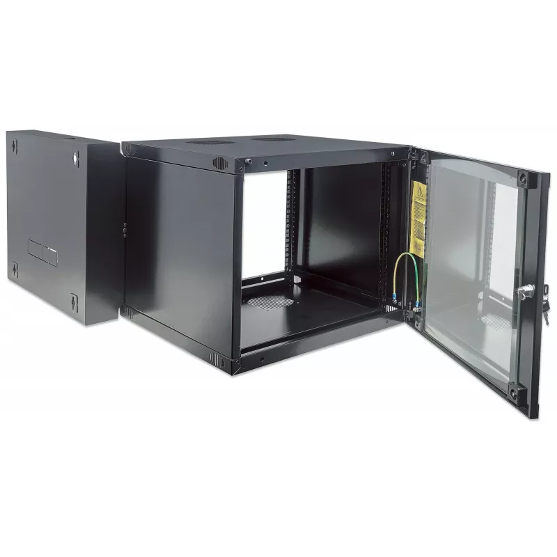 Intellinet 19-Zoll-Netzwerkschrank – Wandmontage (zweiteiliger Schwenkrahmen), 9 HE, 600 mm tief, schwarz, zerlegt, max. 30 kg, ausschwenkbar für Zugang zur Rückseite bei Wandmontage, 19 Zoll, nutzbare Tiefe 385 mm, Wandmontageteile nicht enthalten