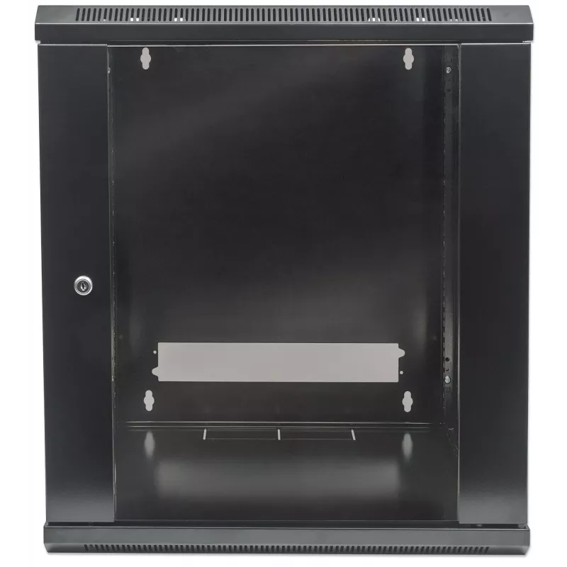 Intellinet 19-Zoll-Netzwerkschrank - Wandmontage (Standard), 15U, 450mm tief, Schwarz, Flatpack, max. 60kg, Metall- und Glastür, Rückwand, abnehmbare Seitenwände, auch für die Nutzung auf Schreibtisch oder Boden geeignet, nutzbare Tiefe 260mm bis 350mm, T