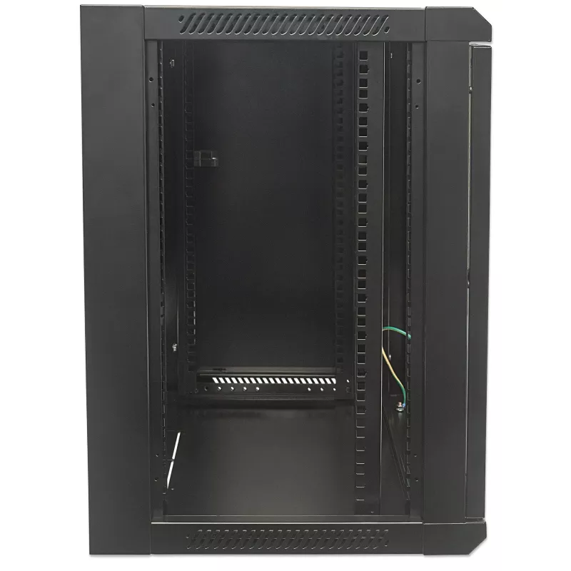 Intellinet 19-Zoll-Netzwerkschrank - Wandmontage (Standard), 15U, 450mm tief, Schwarz, Flatpack, max. 60kg, Metall- und Glastür, Rückwand, abnehmbare Seitenwände, auch für die Nutzung auf Schreibtisch oder Boden geeignet, nutzbare Tiefe 260mm bis 350mm, T