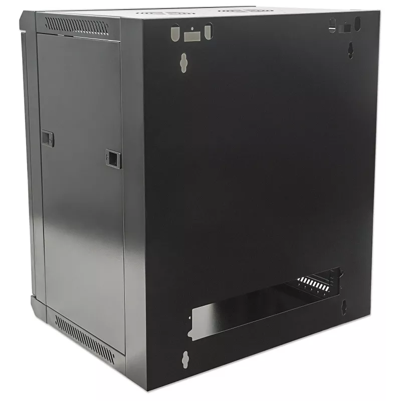 Intellinet 19-Zoll-Netzwerkschrank - Wandmontage (Standard), 15U, 450mm tief, Schwarz, Flatpack, max. 60kg, Metall- und Glastür, Rückwand, abnehmbare Seitenwände, auch für die Nutzung auf Schreibtisch oder Boden geeignet, nutzbare Tiefe 260mm bis 350mm, T