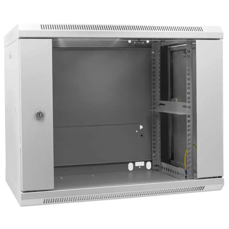 Intellinet 19-Zoll-Netzwerkschrank – Wandmontage (Standard), 9U, 600 mm tief, grau, montiert, max. 60 kg, auch für Tisch- oder Bodenaufstellung geeignet, nutzbare Tiefe 500 mm, Metall- & Glastür, Rückwand, abnehmbare Seitenwände, Teile für Wandmontage (z. B. Schrauben/Dübel) nicht enthalten