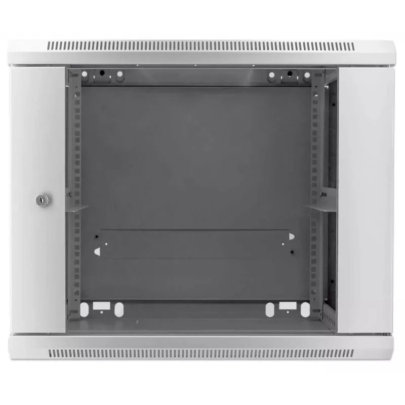 Intellinet 19-Zoll-Netzwerkschrank – Wandmontage (Standard), 9U, 600 mm tief, grau, montiert, max. 60 kg, auch für Tisch- oder Bodenaufstellung geeignet, nutzbare Tiefe 500 mm, Metall- & Glastür, Rückwand, abnehmbare Seitenwände, Teile für Wandmontage (z. B. Schrauben/Dübel) nicht enthalten