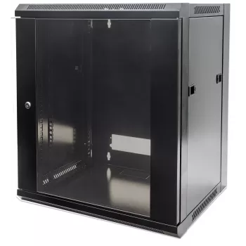 Intellinet 19-Zoll-Netzwerkschrank – Wandmontage (Standard), 9HE, 600 mm tief, schwarz, zerlegt, max. 60 kg, auch für Tisch- oder Bodenaufstellung geeignet, nutzbare Tiefe 410 mm, Metall- & Glastür, Rückwand, abnehmbare Seitenwände, Teile für Wandmontage (z. B. Schrauben/Dübel) nicht im Lieferumfang