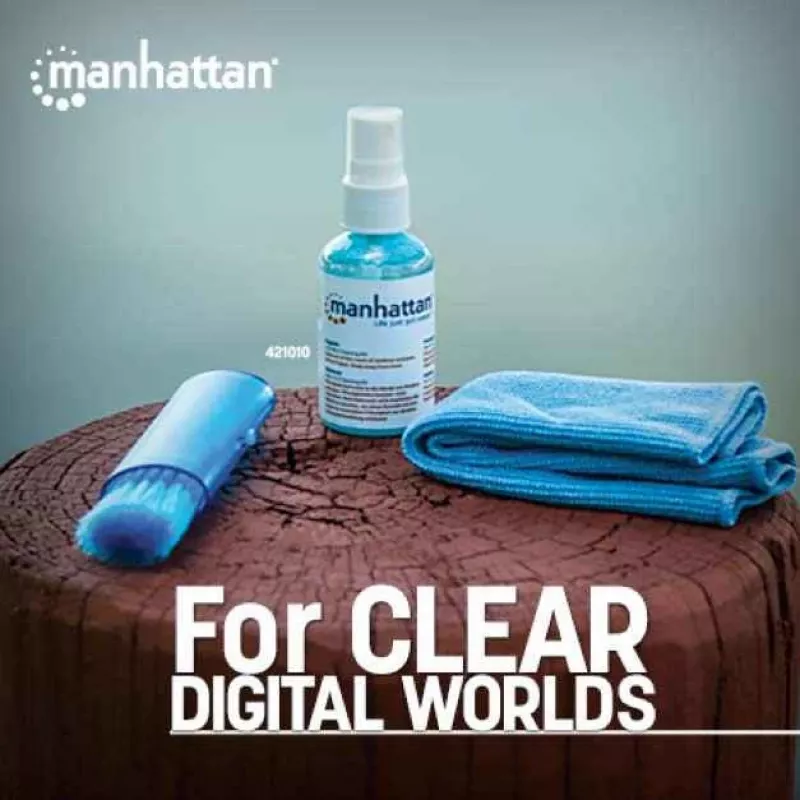 Manhattan LCD-Reinigungskit (Mini), alkoholfrei, enthält Reinigungslösung (60 ml), Pinsel und Mikrofasertuch, ideal für Monitore/Laptops/Tastaturen usw., drei Jahre Garantie