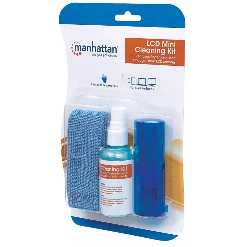 Manhattan LCD-Reinigungskit (Mini), alkoholfrei, enthält Reinigungslösung (60 ml), Pinsel und Mikrofasertuch, ideal für Monitore/Laptops/Tastaturen usw., drei Jahre Garantie