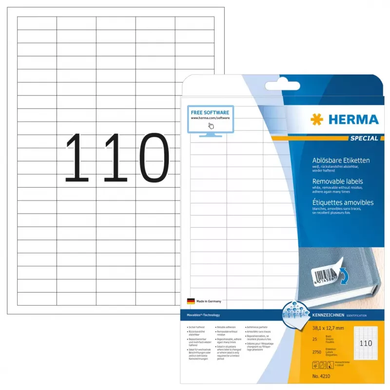 Selbstklebende Druckeretiketten HERMA Ablösbare Etiketten A4 38,1x12,7 mm