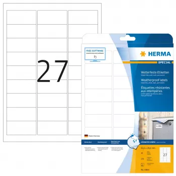 Inkjet-Etiketten HERMA A4 63,5x29,6 mm weiße Folie matt wetterfest 270 Stück