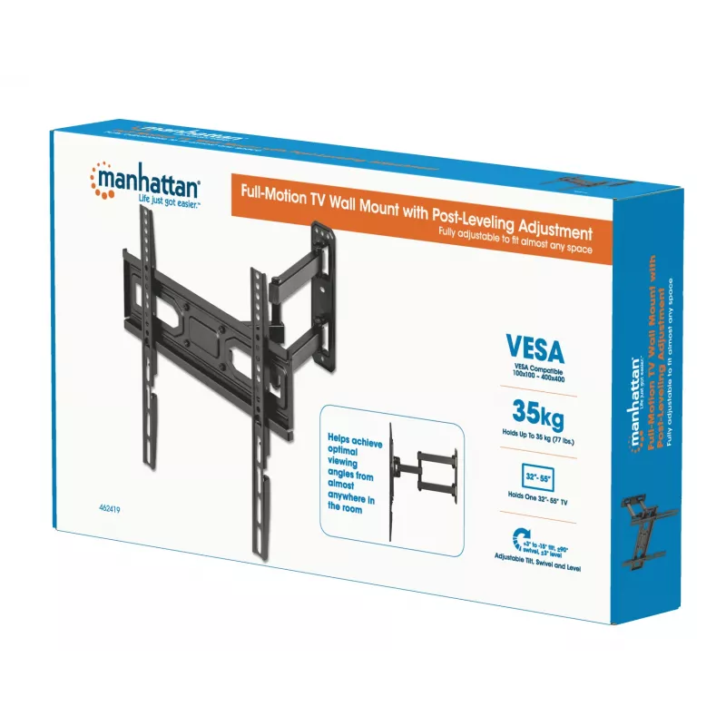 Manhattan Wandhalterung für TV & Monitore (Full Motion), Für Bildschirme von 32 Zoll bis 55 Zoll, VESA-Kompatibilität: alle zwischen 100x100 mm und 400x400 mm - überprüfen Sie die Abmessungen der vier Befestigungslöcher auf der Rückseite des Bildschirms, um sicherzustellen, dass sie passt, Max. 35 kg, Schwarz, Halterung