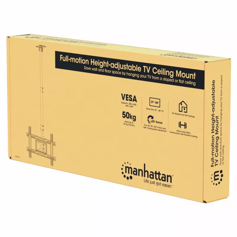 Manhattan Deckenhalterung für Fernseher und Monitore, Für Bildschirme: 37 bis 65 Zoll, Höhenverstellbar: 70–157 cm, VESA-Kompatibilität: alle zwischen 200x200 und 600x400 mm – prüfen Sie die Abmessungen der vier Befestigungslöcher auf der Bildschirmrückseite, um sicherzustellen, dass sie passt, Max. 50 kg, LFD, Halterung