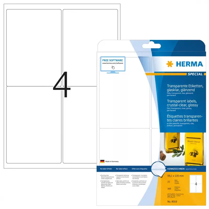 Selbstklebendes Druckeretikett HERMA Labels transparent kristallklar A4 99,1 x 139 mm
