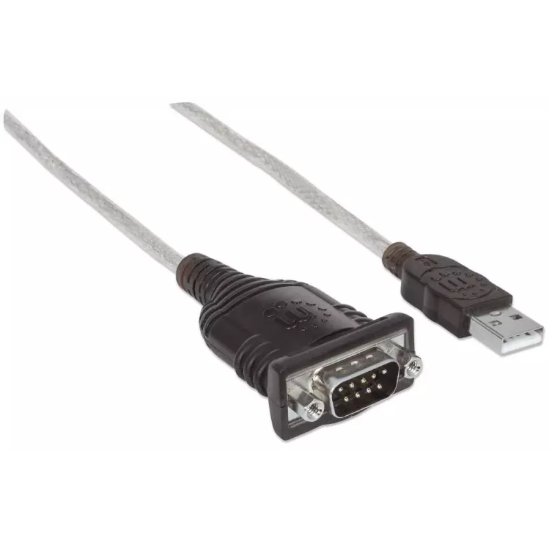 Manhattan USB-A-auf-Seriell-Konverterkabel, 1,8 m, Stecker auf Stecker, Seriell/RS232/COM/DB9, Prolific PL-2303RA-Chip, schwarz/silbernes Kabel, drei Jahre Garantie
