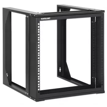 Intellinet 19-Zoll Wandmontage Open-Frame Netzwerkschrank, 9HE, Frontklappbarer Schwenkrahmen, flach verpackt, 2-Pfosten, 450 mm Tiefe, Schwarz RAL 9004
