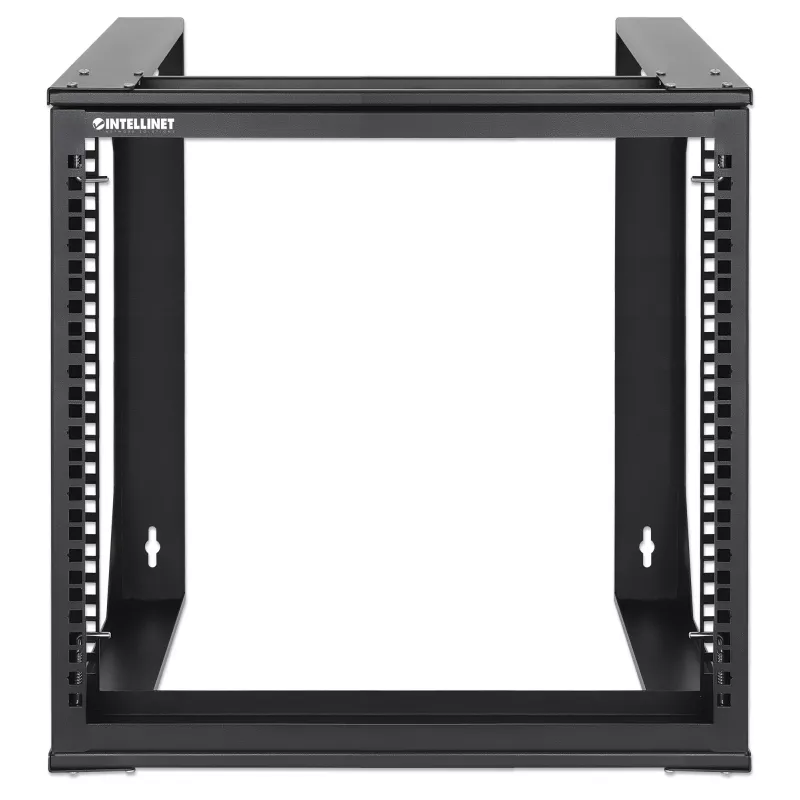 Intellinet 19-Zoll Wandmontage Open-Frame Netzwerkschrank, 9HE, Frontklappbarer Schwenkrahmen, flach verpackt, 2-Pfosten, 450 mm Tiefe, Schwarz RAL 9004