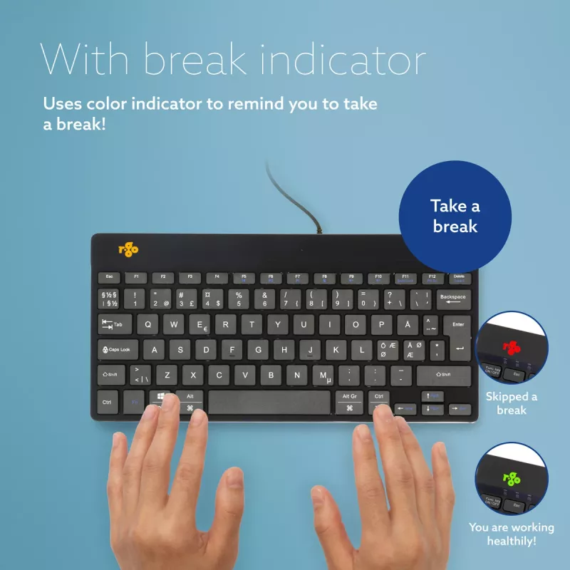 R-Go Tools Ergonomische Tastatur R-Go Compact Break, kompakte Tastatur mit Pausensoftware, QWERTY (NORDIC), kabelgebunden, schwarz