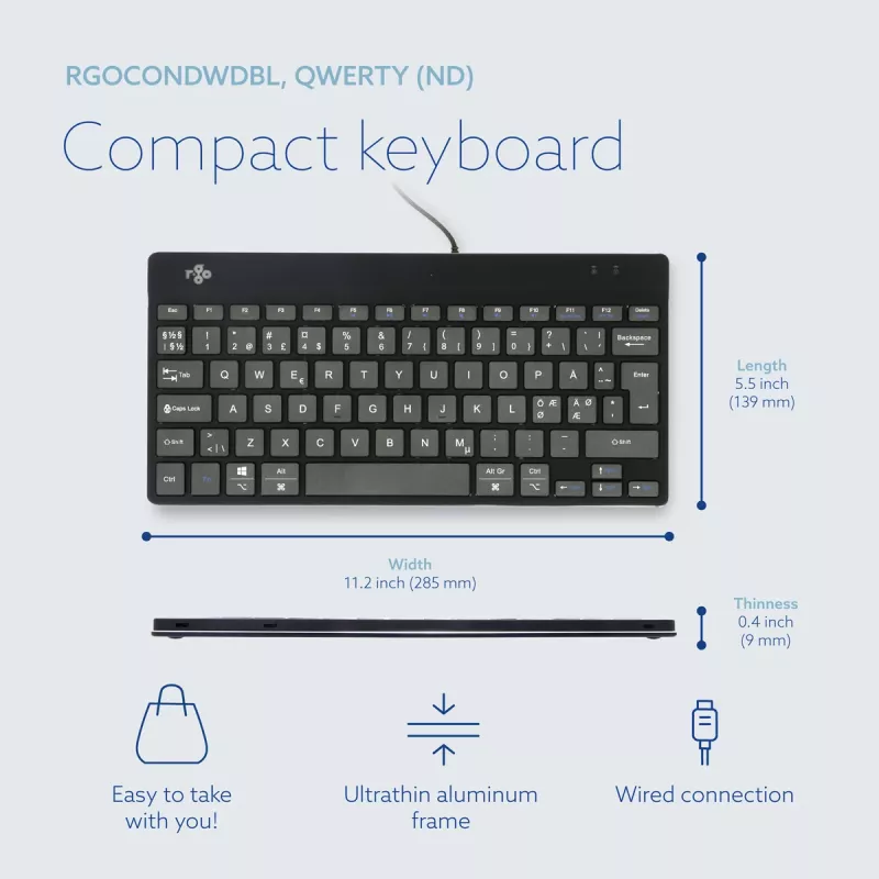 R-Go Tools Ergonomische Tastatur R-Go Compact Break, kompakte Tastatur mit Pausensoftware, QWERTY (NORDIC), kabelgebunden, schwarz