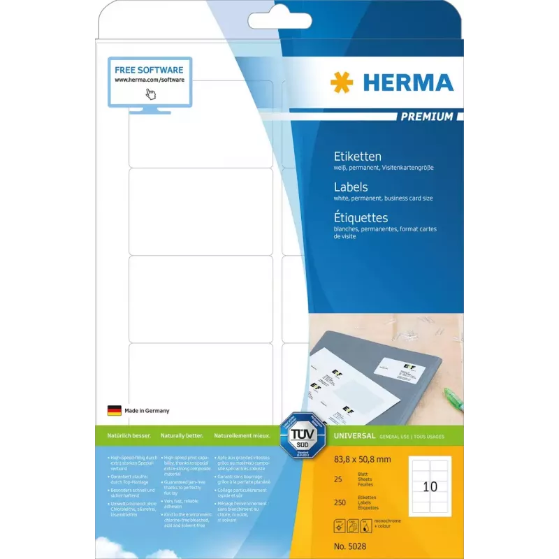 Selbstklebendes Druckeretikett HERMA Labels Premium A4 83.8x50.8 mm