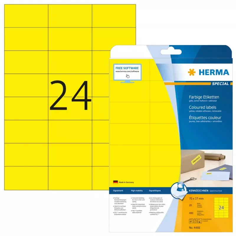 Selbstklebendes Druckeretikett HERMA Farbige Etiketten A4 70x37 mm gelb