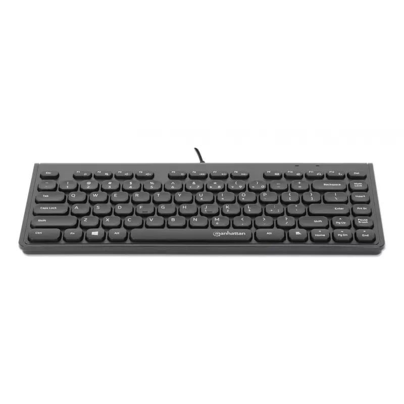Manhattan schlank Kabelgebundene USB-Minitastatur, 12 Multimedia-/Funktionstasten, integriertes 1,5 m USB-A-Kabel, kompaktes Low-Profile-Format, für PC und Laptop, Schwarz