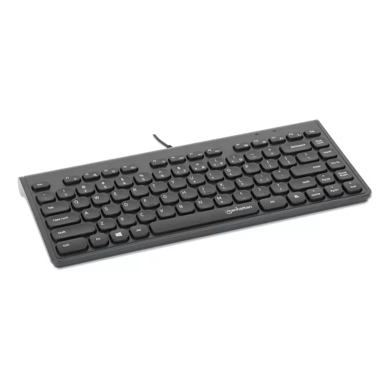 Manhattan schlank Kabelgebundene USB-Minitastatur, 12 Multimedia-/Funktionstasten, integriertes 1,5 m USB-A-Kabel, kompaktes Low-Profile-Format, für PC und Laptop, Schwarz