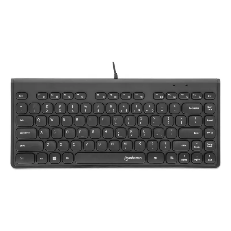 Manhattan schlank Kabelgebundene USB-Minitastatur, 12 Multimedia-/Funktionstasten, integriertes 1,5 m USB-A-Kabel, kompaktes Low-Profile-Format, für PC und Laptop, Schwarz