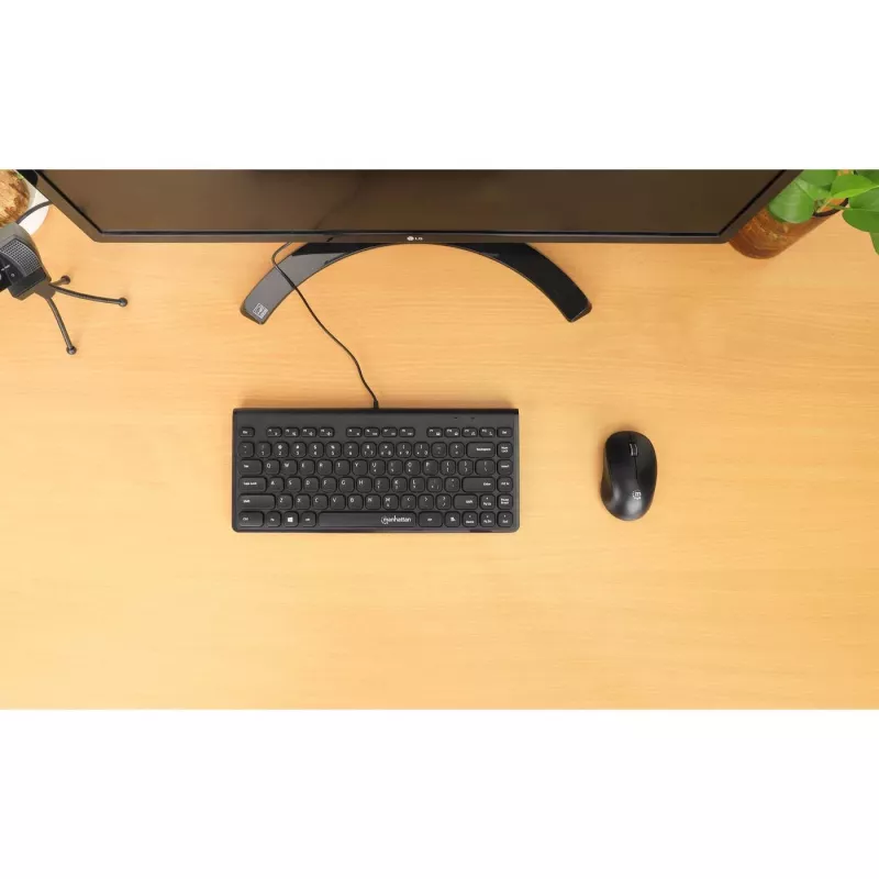 Manhattan schlank Kabelgebundene USB-Minitastatur, 12 Multimedia-/Funktionstasten, integriertes 1,5 m USB-A-Kabel, kompaktes Low-Profile-Format, für PC und Laptop, Schwarz