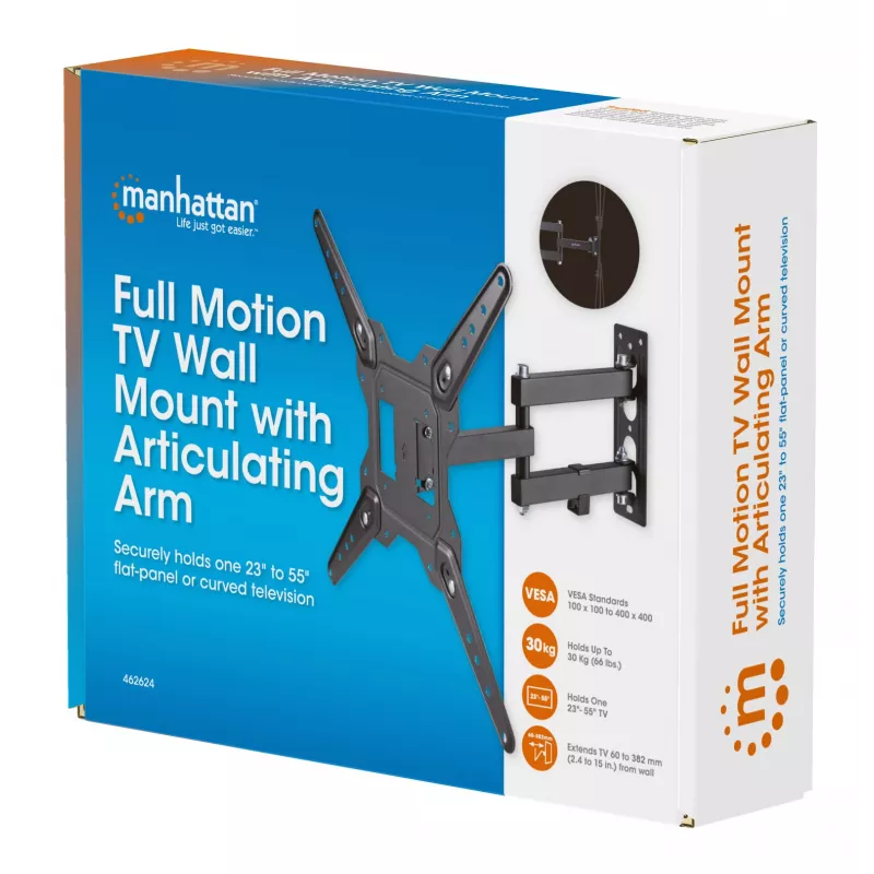 Manhattan Wandhalterung für TV & Monitore (Vollbeweglich), Für Bildschirme von 32 Zoll bis 55 Zoll, VESA-Kompatibilität: alles zwischen 100x100 mm und 400x400 mm – Überprüfen Sie die Abmessungen der vier Befestigungslöcher auf der Rückseite des Bildschirms, um sicherzustellen, dass es passt, Max. 30 kg, Schwarz, Halterung