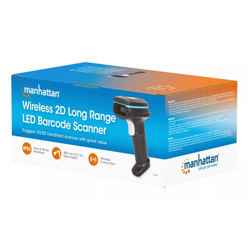 Manhattan Wireless 2D-Hand-Barcodescanner, 250 mm Scantiefe, bis zu 80 m effektive Reichweite (Sichtlinie), max. Umgebungslicht 100.000 Lux (Sonnenlicht), Schwarz, Ladekabel (USB-A auf USB-C zum Gerät) 1 m inklusive, drei Jahre Garantie